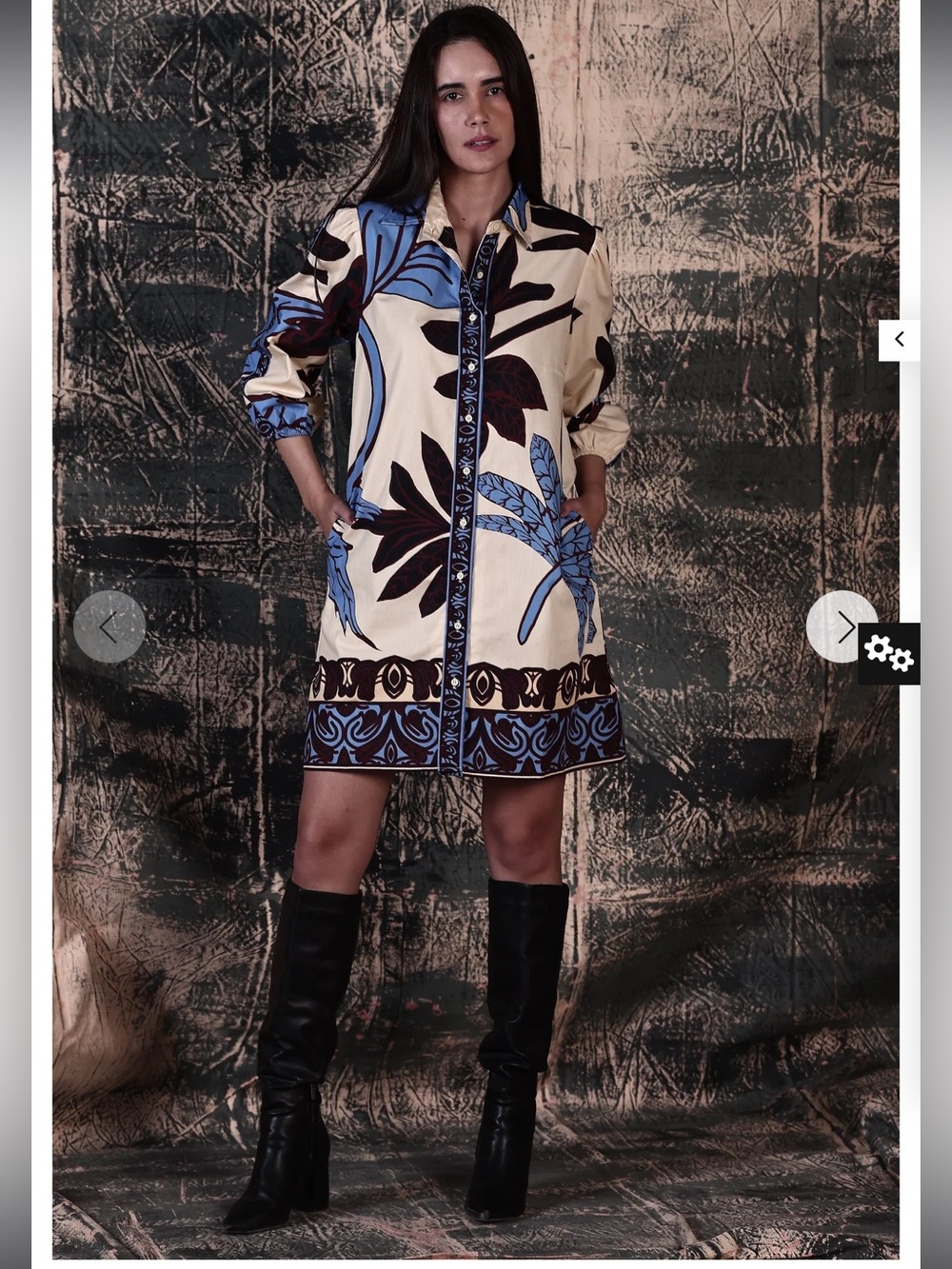 Majestic Cream Shirt Dress with Blue and Black Leaf Print